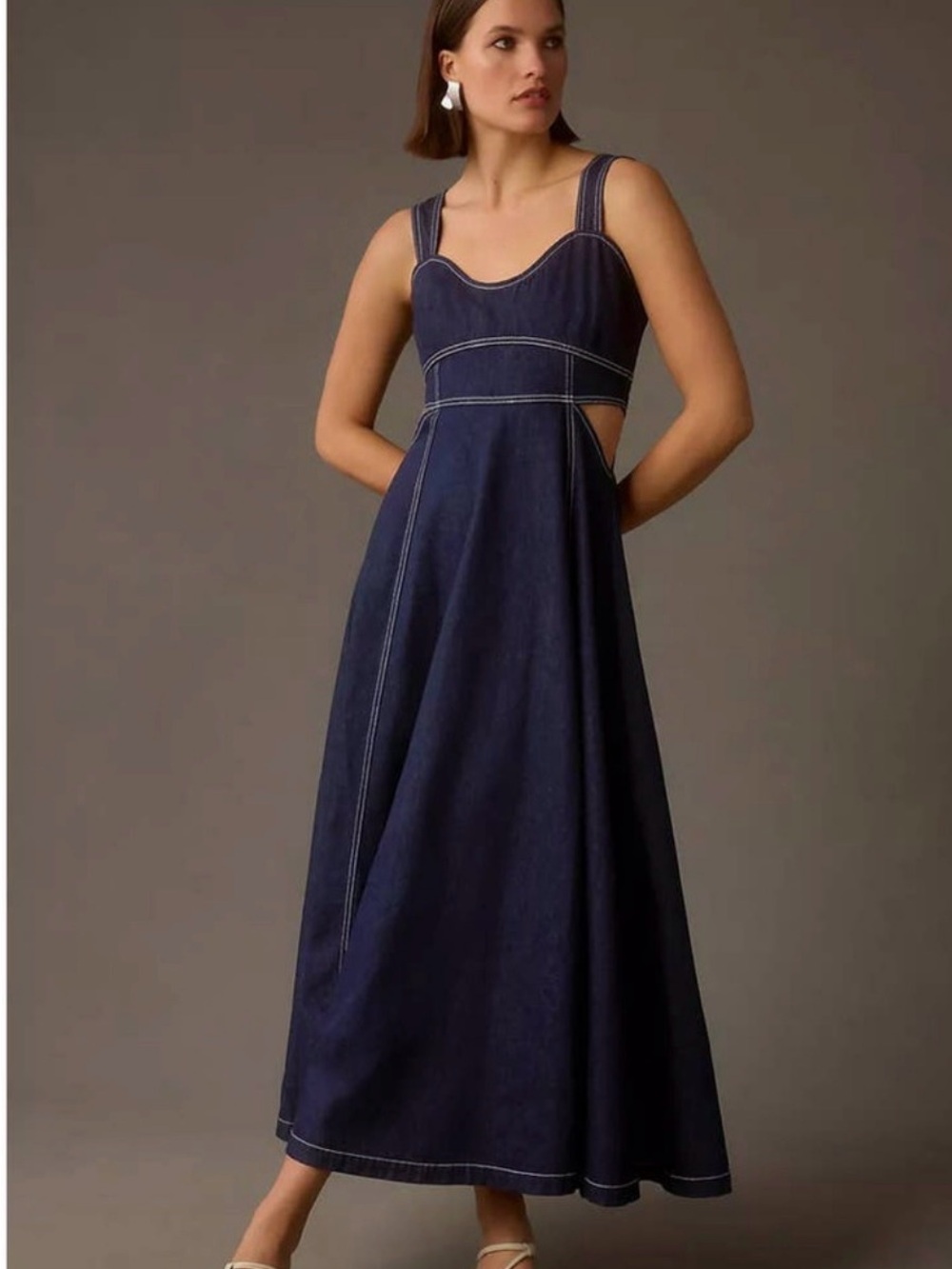 Anthropologie Dark Indigo Denim Maxi Dress with Contrast Stitching